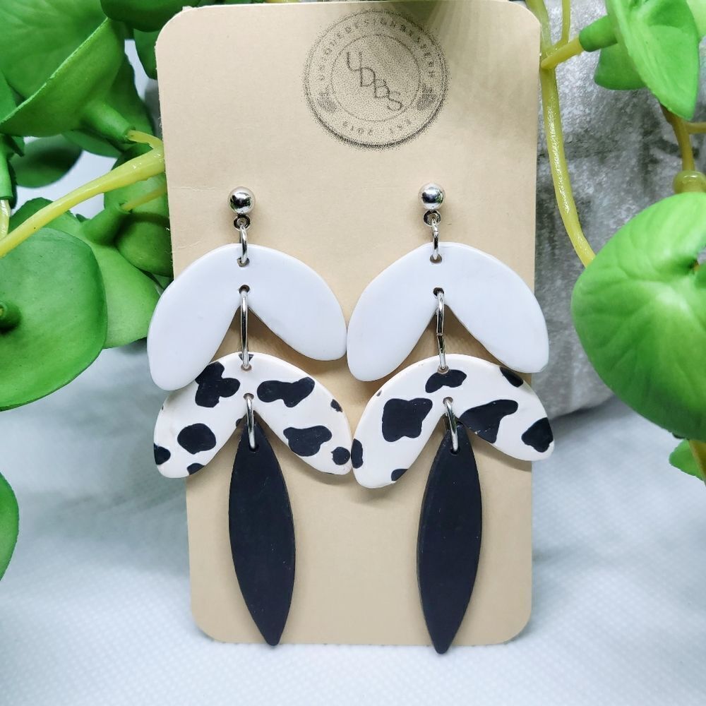 Cow print polymer clay dangle earrings, 3 tier earrings, grey black and white